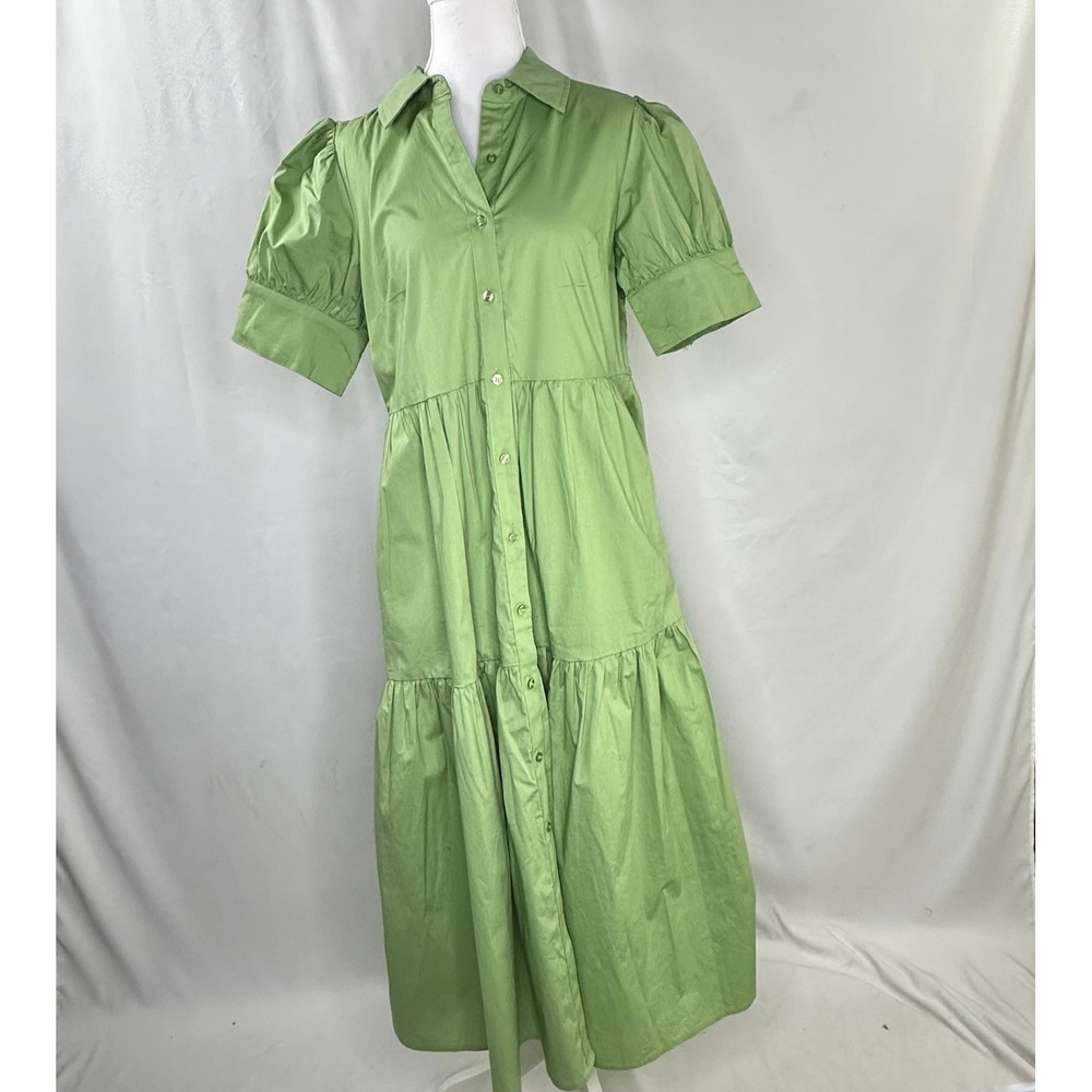 Crown & Ivy S Shirt Dress Sage Green Tiered Midi Cottagecore Prairie Peasant NWT